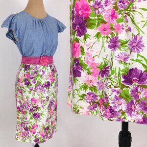 70s White Pencil Skirt Bright Floral Print